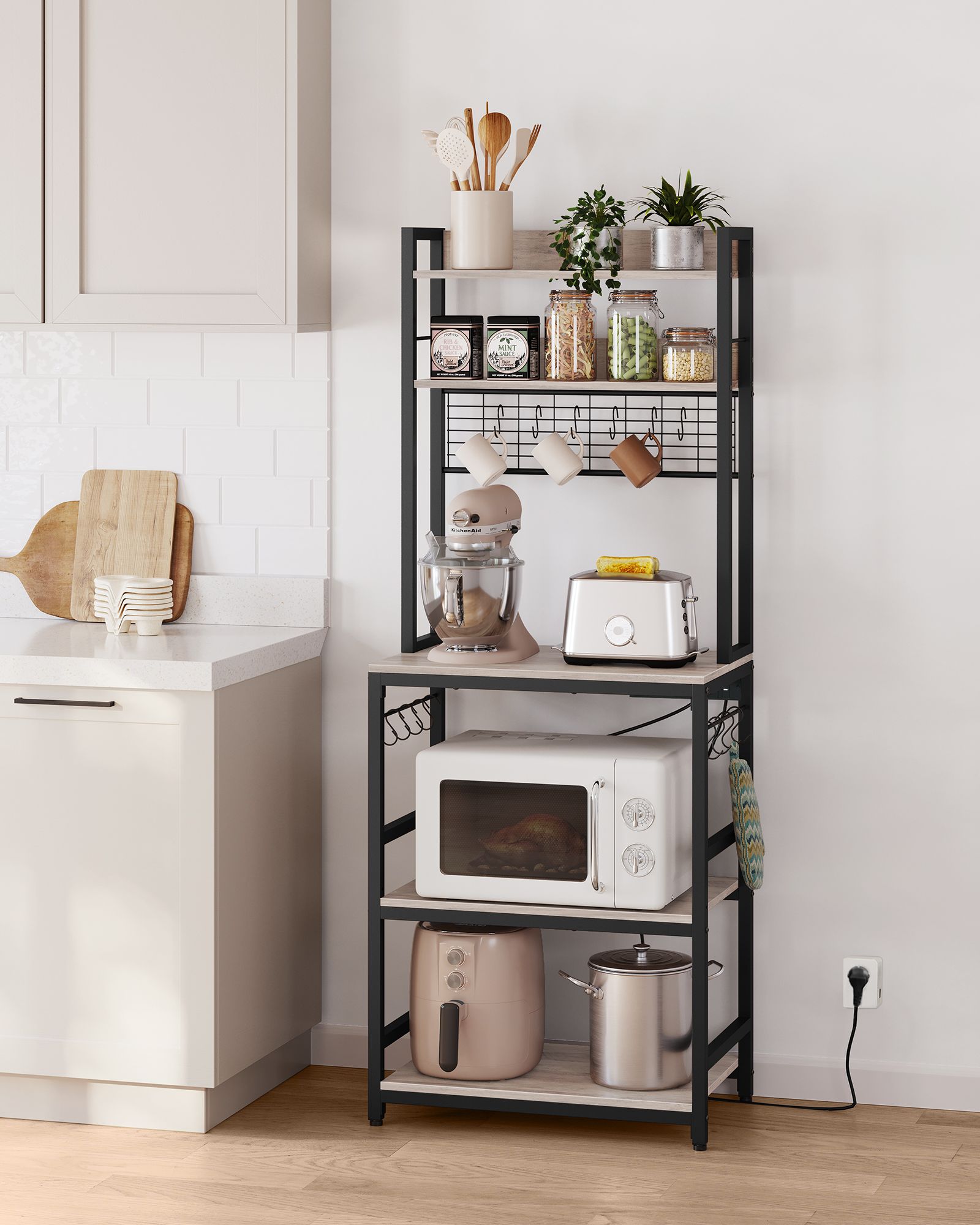 Kitchen Storage Rack – Steel – Rustic Brown and Ink Black – Features Power Outlet and Hooks