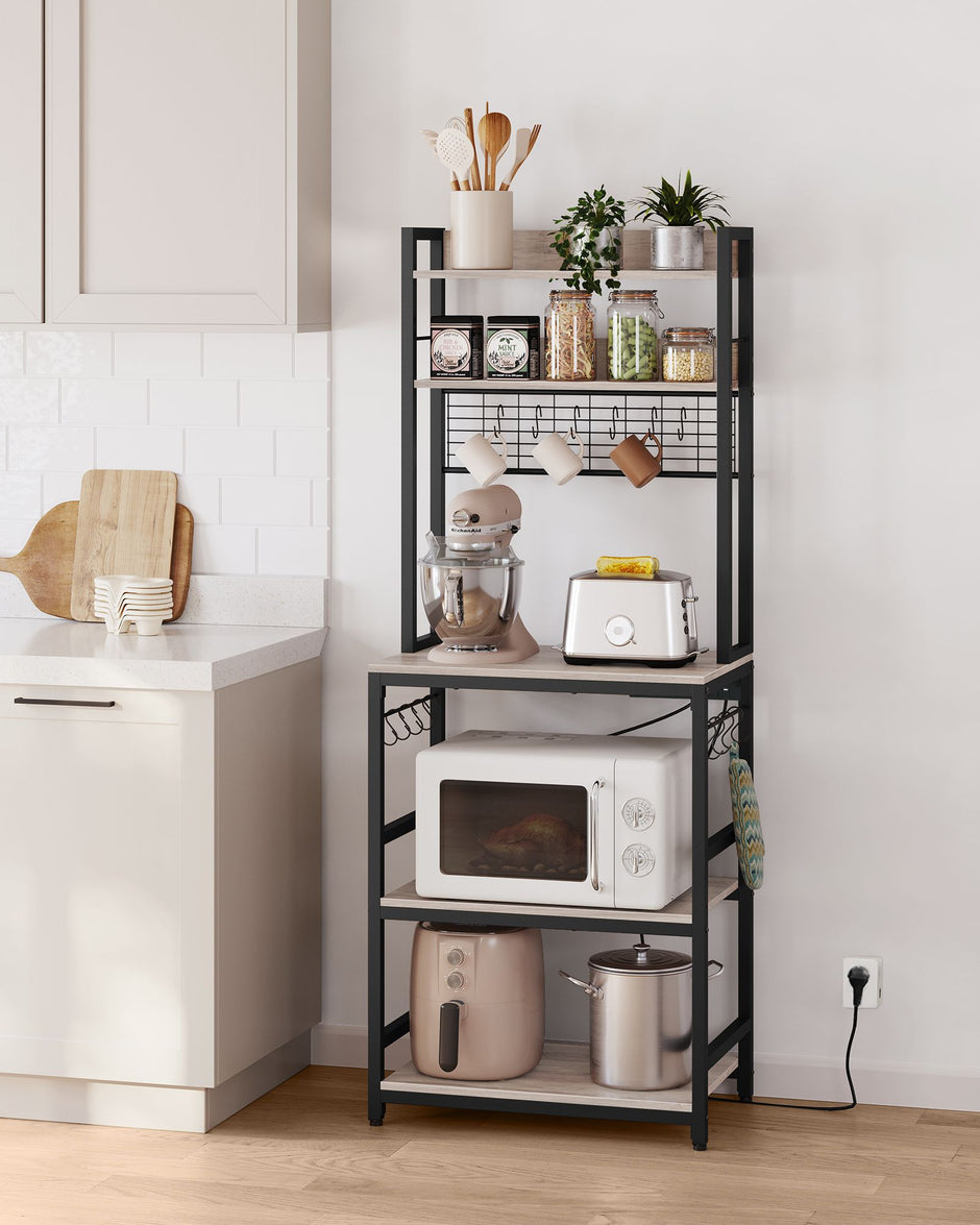 Kitchen Storage Rack – Steel – Rustic Brown and Ink Black – Features Power Outlet and Hooks
