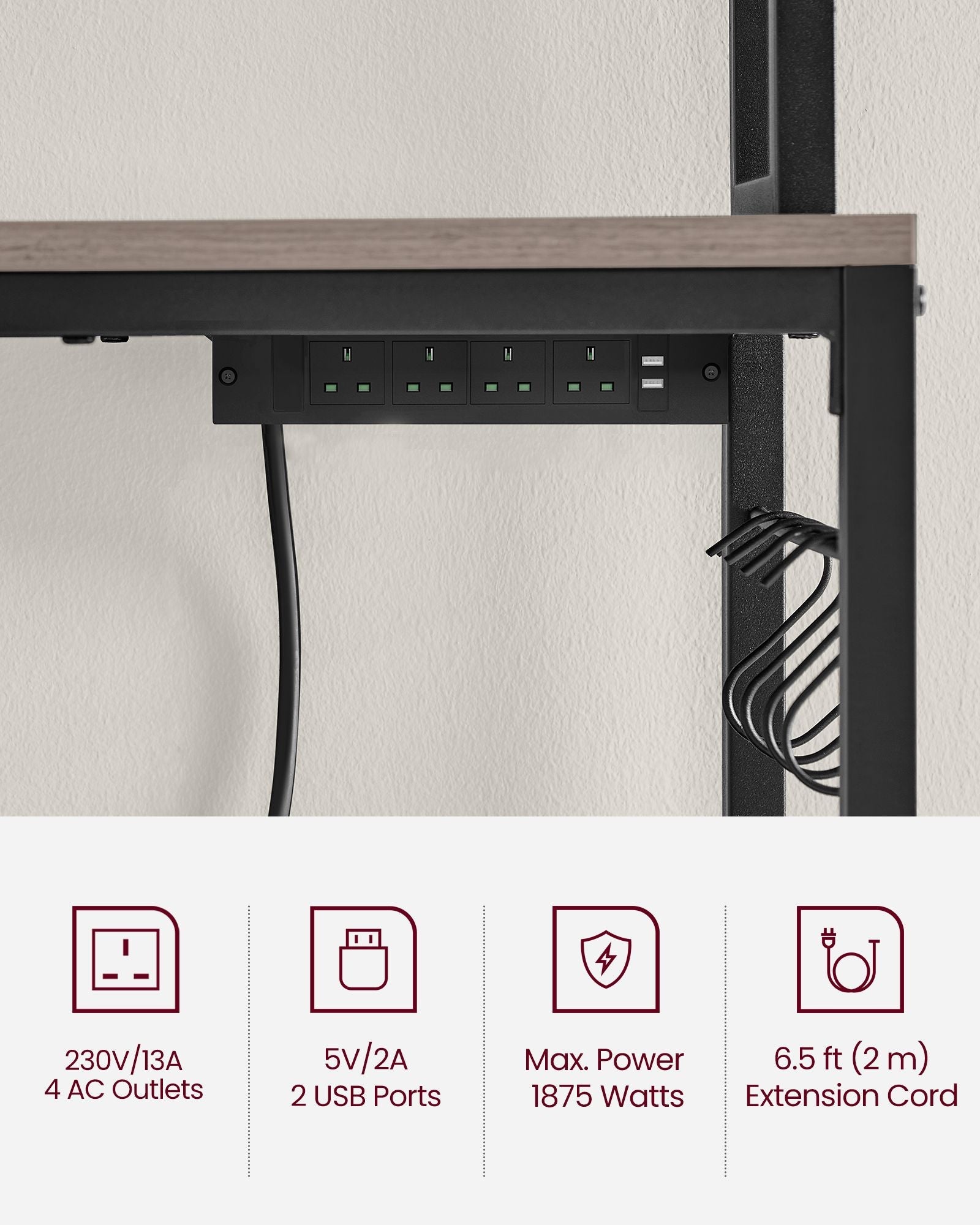 Kitchen Storage Rack – Steel – Rustic Brown and Ink Black – Features Power Outlet and Hooks