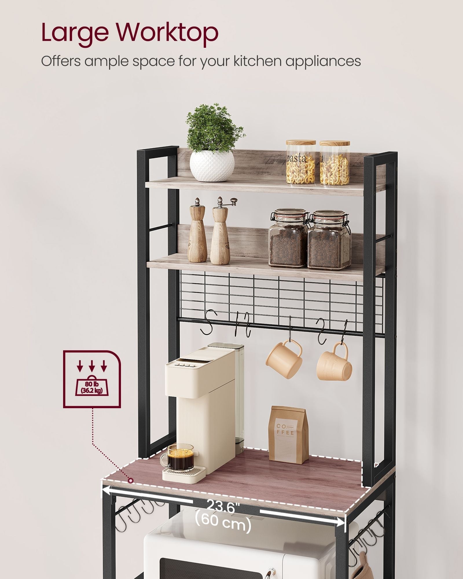 Kitchen Storage Rack – Steel – Rustic Brown and Ink Black – Features Power Outlet and Hooks