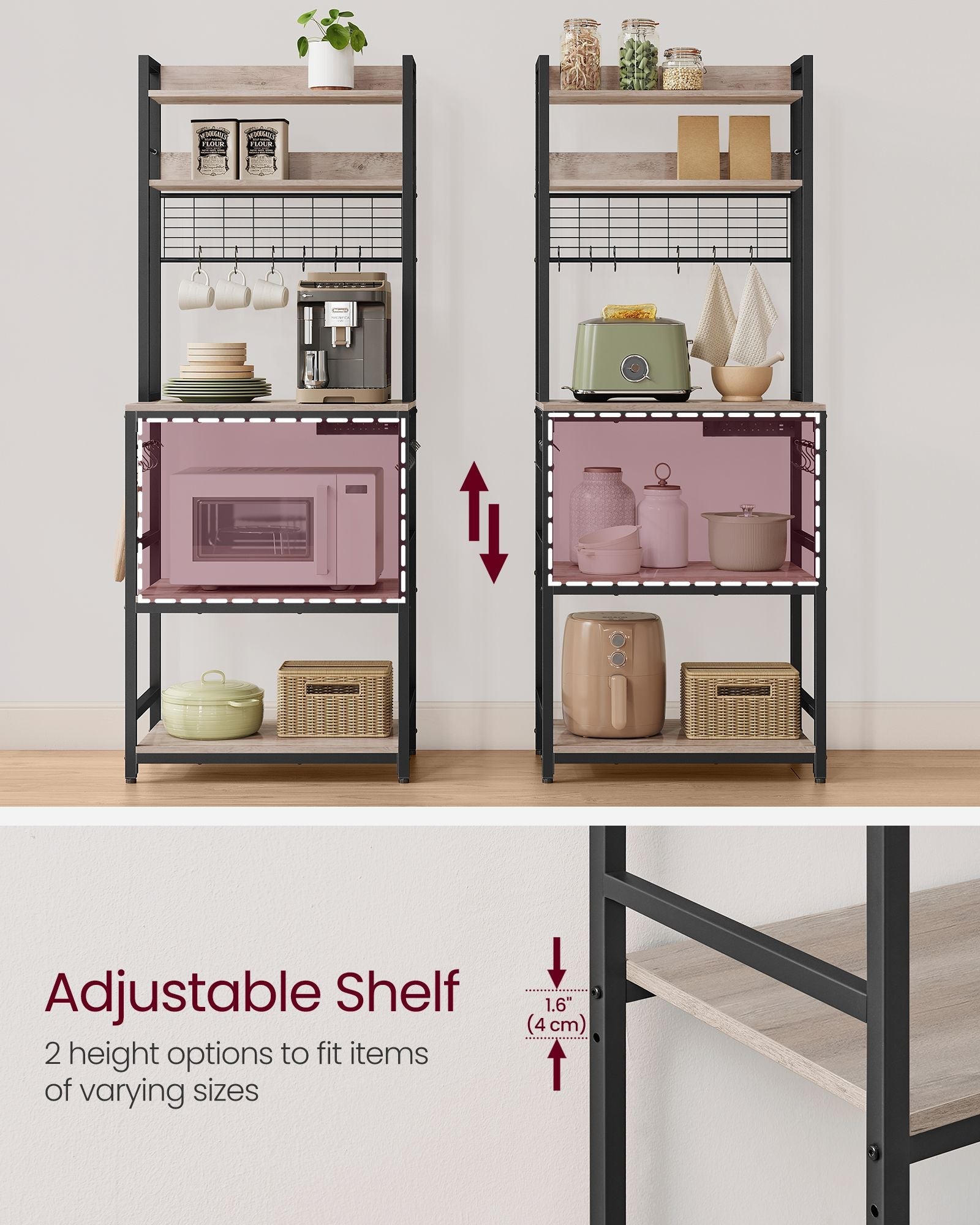Kitchen Storage Rack – Steel – Rustic Brown and Ink Black – Features Power Outlet and Hooks