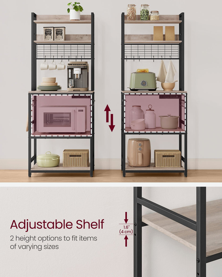 Kitchen Storage Rack – Steel – Rustic Brown and Ink Black – Features Power Outlet and Hooks