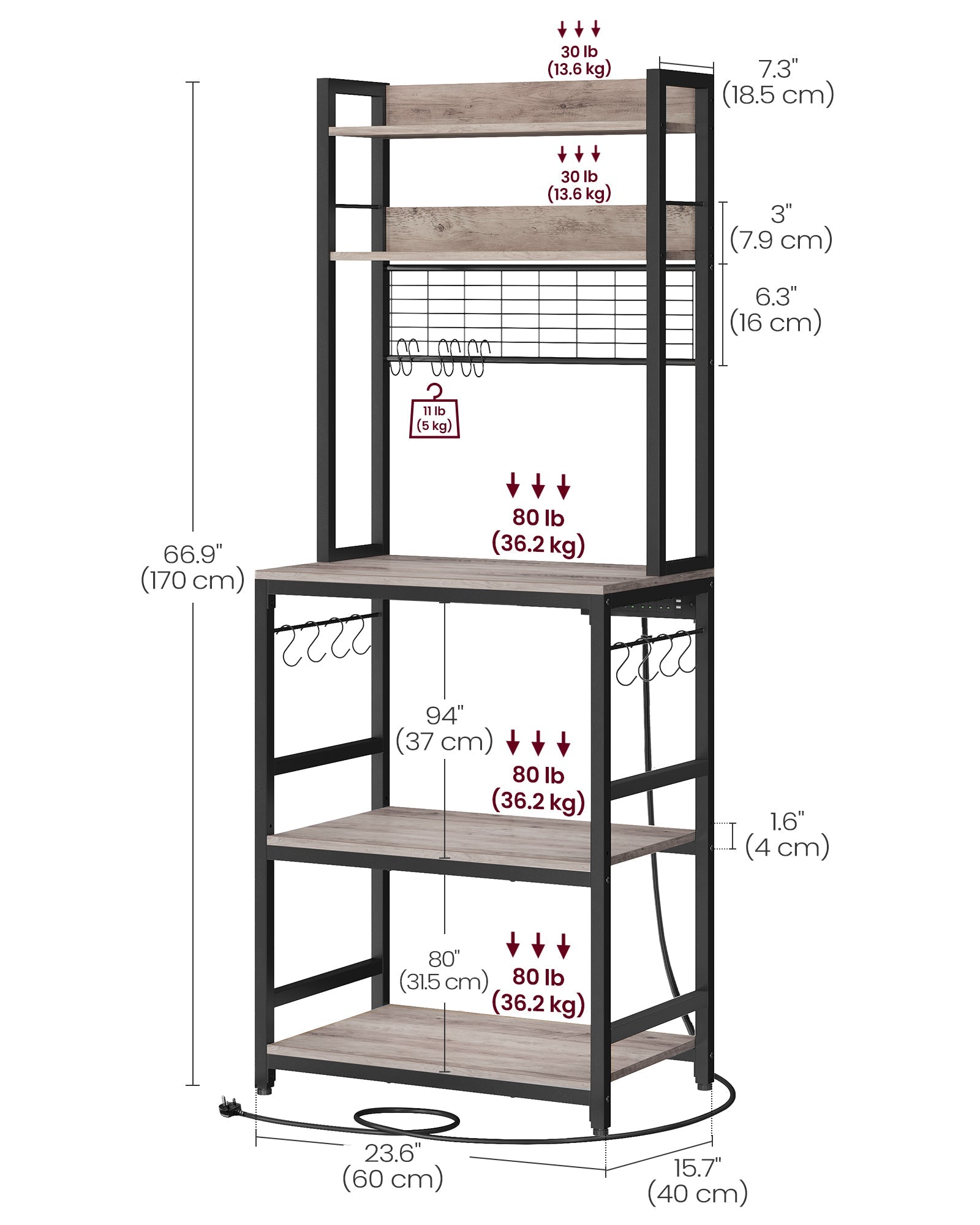 Kitchen Storage Rack – Steel – Rustic Brown and Ink Black – Features Power Outlet and Hooks
