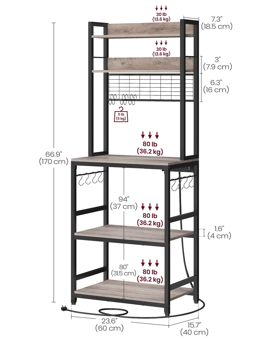 Kitchen Storage Rack – Steel – Rustic Brown and Ink Black – Features Power Outlet and Hooks