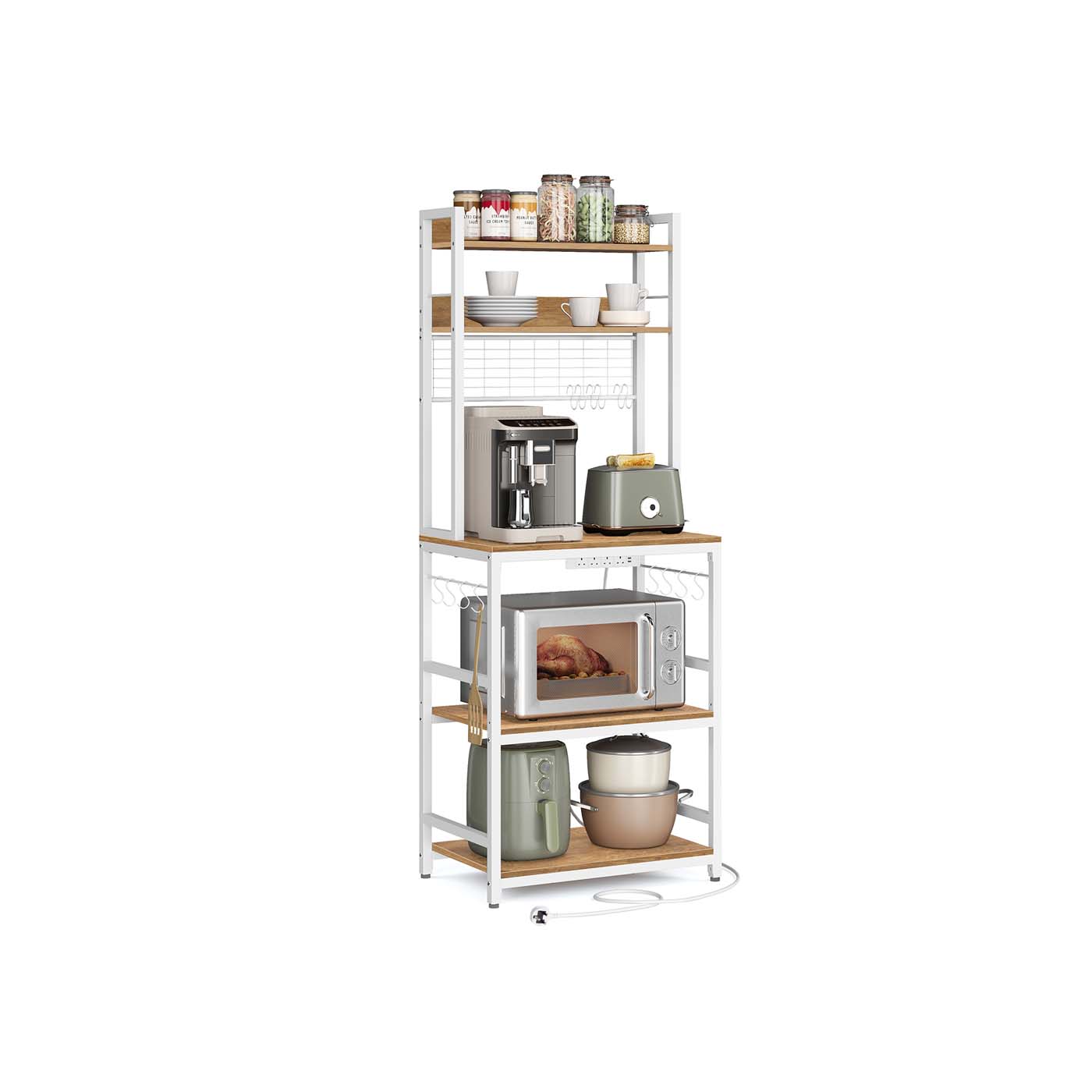 Kitchen Storage Rack – Steel Frame – Rustic Walnut and White – Power Outlet and 14 Hooks