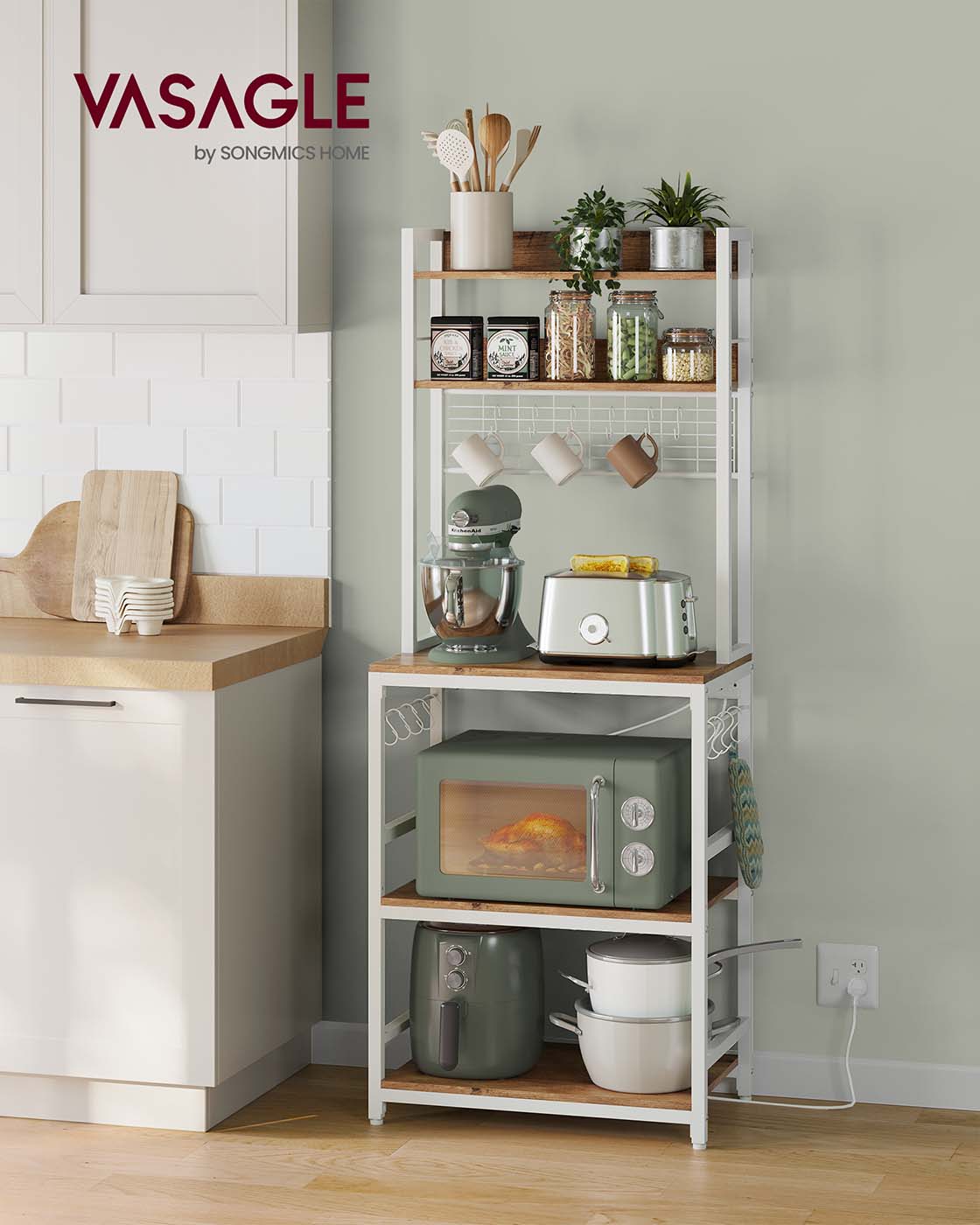 Kitchen Storage Rack – Steel Frame – Rustic Walnut and White – Power Outlet and 14 Hooks