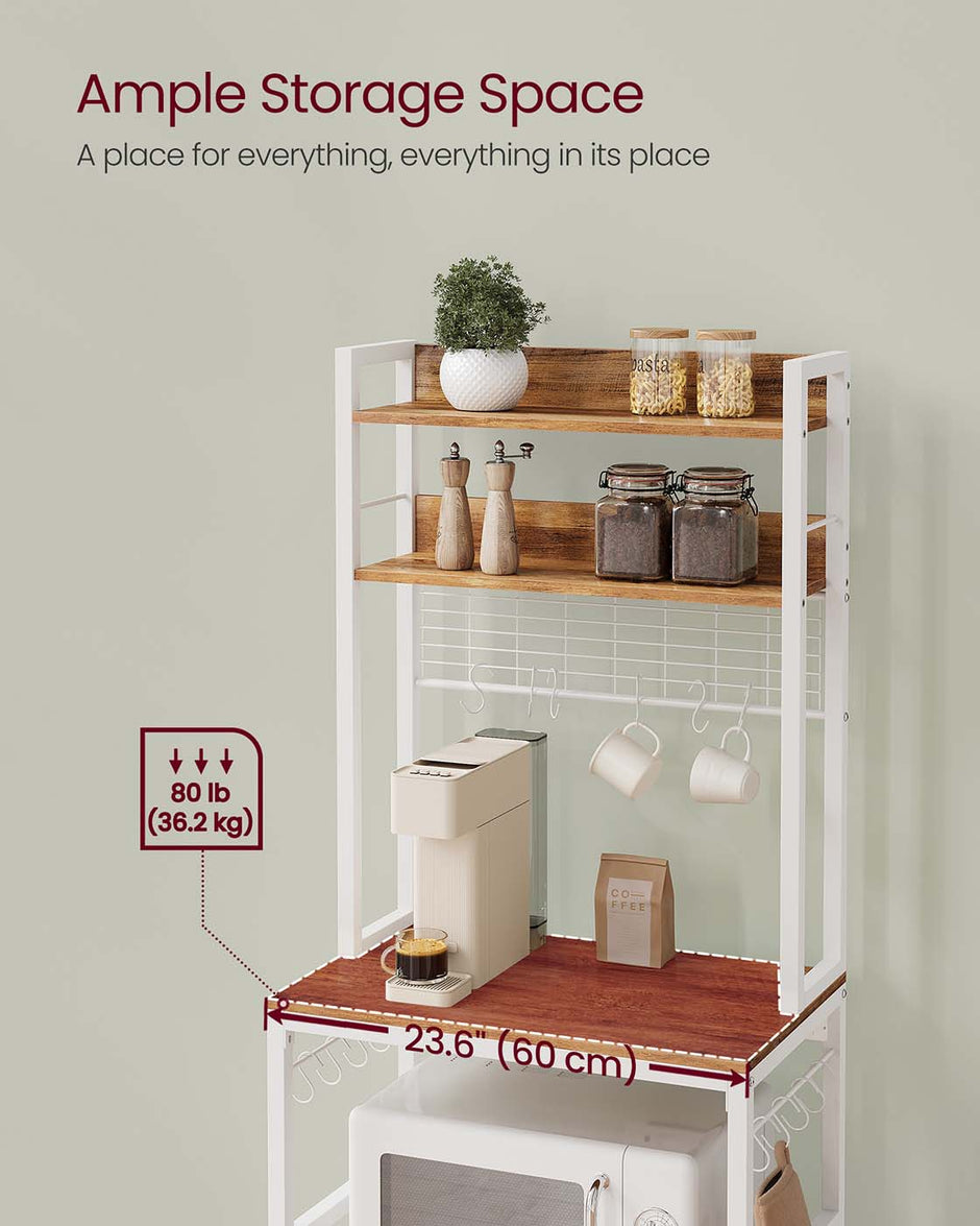 Kitchen Storage Rack – Steel Frame – Rustic Walnut and White – Power Outlet and 14 Hooks