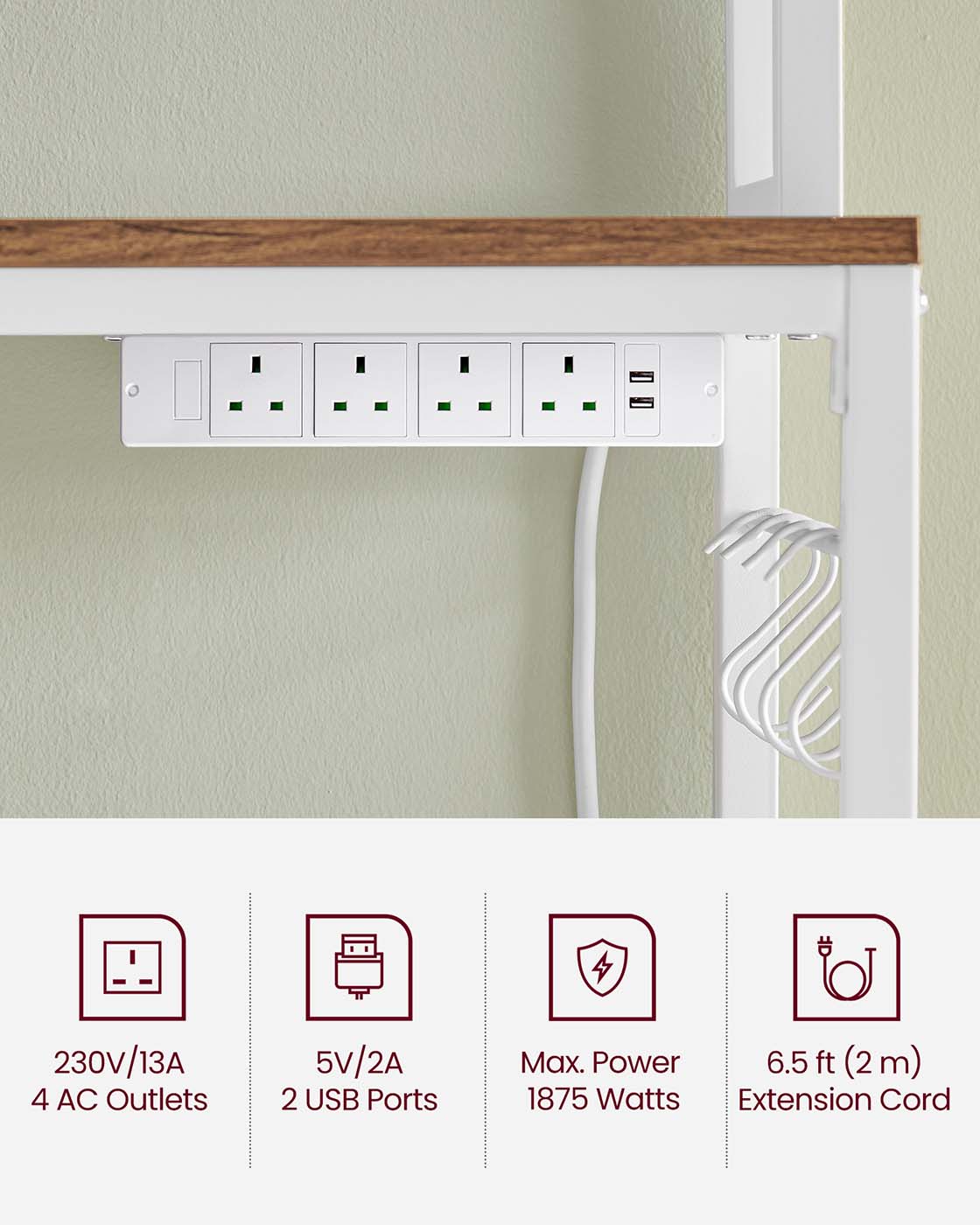 Kitchen Storage Rack – Steel Frame – Rustic Walnut and White – Power Outlet and 14 Hooks