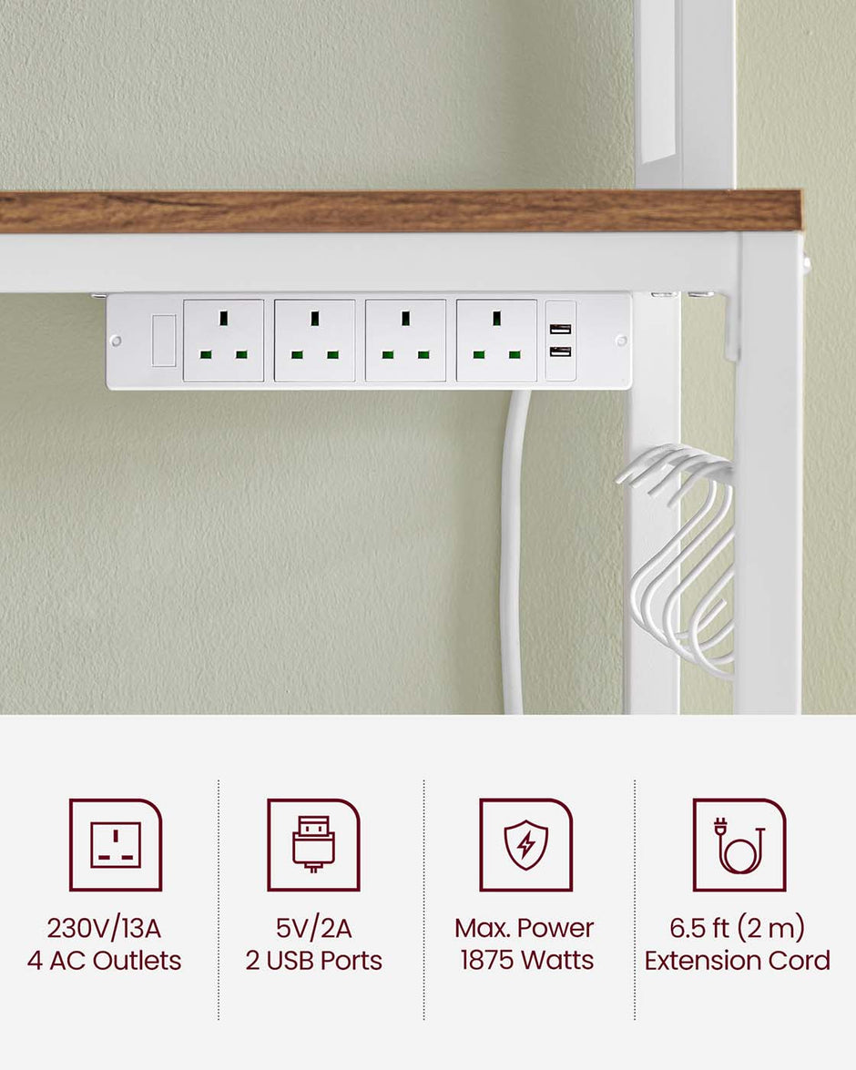 Kitchen Storage Rack – Steel Frame – Rustic Walnut and White – Power Outlet and 14 Hooks