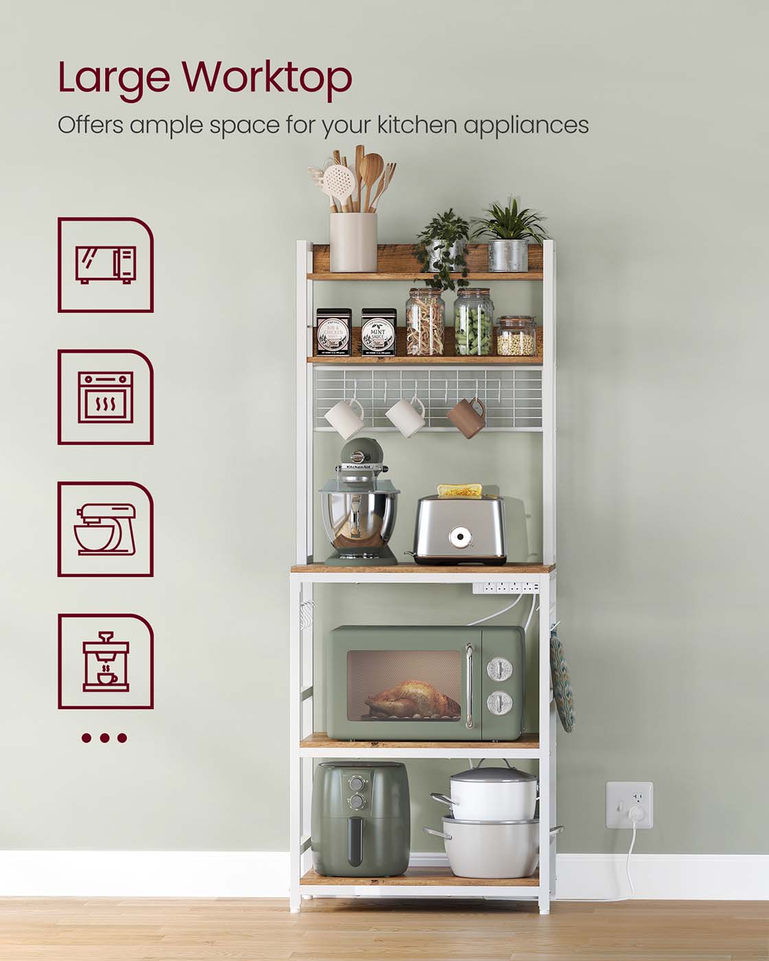 Kitchen Storage Rack – Steel Frame – Rustic Walnut and White – Power Outlet and 14 Hooks