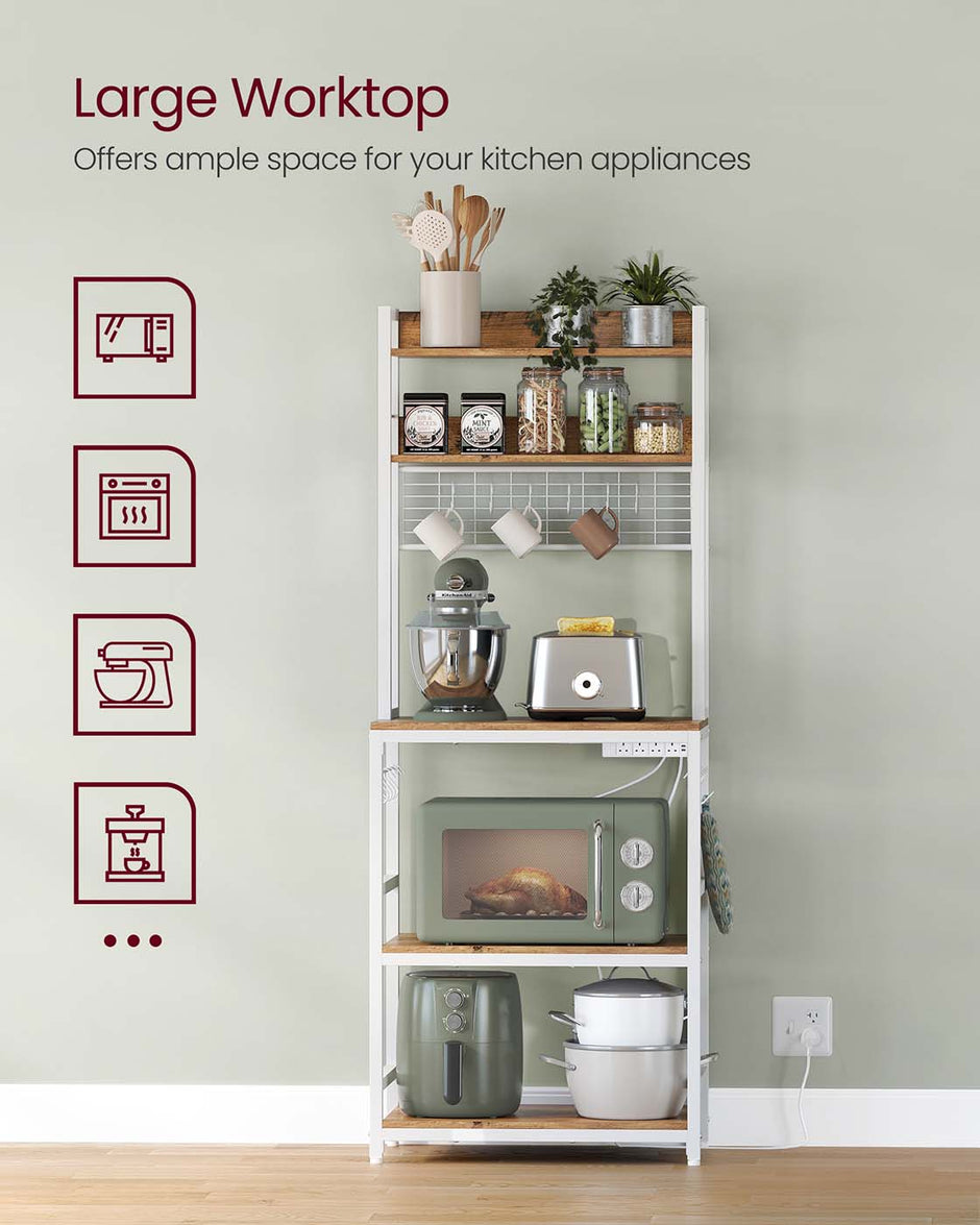 Kitchen Storage Rack – Steel Frame – Rustic Walnut and White – Power Outlet and 14 Hooks