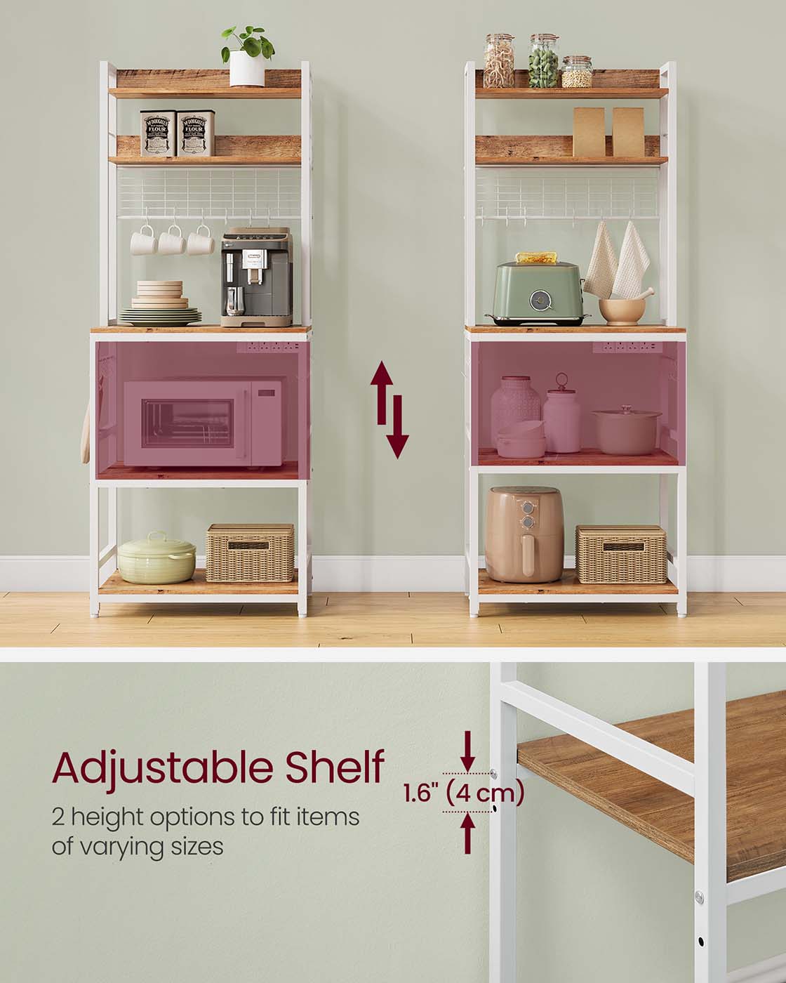 Kitchen Storage Rack – Steel Frame – Rustic Walnut and White – Power Outlet and 14 Hooks
