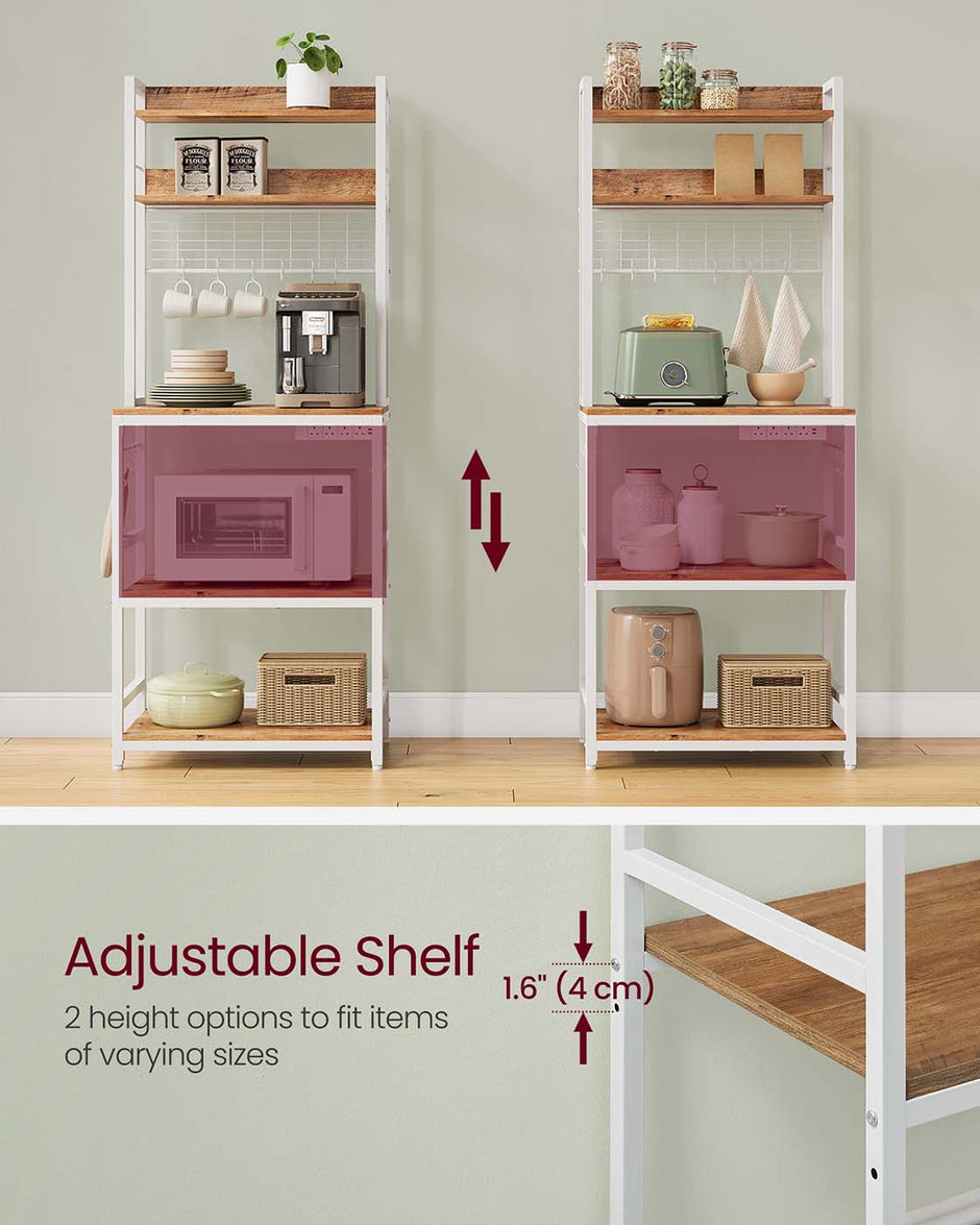 Kitchen Storage Rack – Steel Frame – Rustic Walnut and White – Power Outlet and 14 Hooks