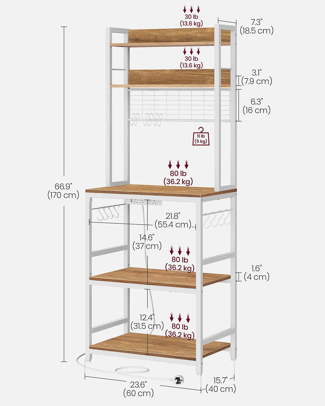 Kitchen Storage Rack – Steel Frame – Rustic Walnut and White – Power Outlet and 14 Hooks