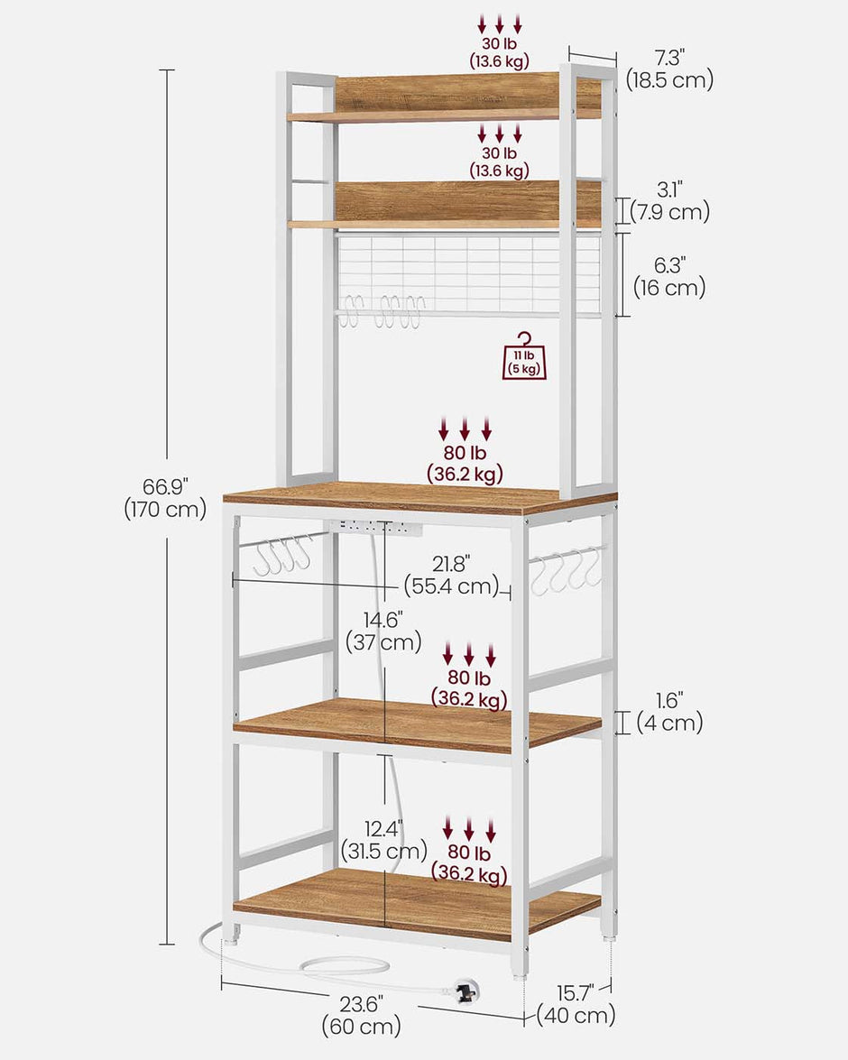 Kitchen Storage Rack – Steel Frame – Rustic Walnut and White – Power Outlet and 14 Hooks