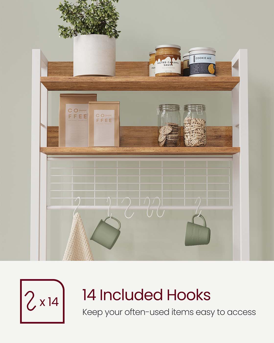 Kitchen Storage Rack – Steel Frame – Rustic Walnut and White – Power Outlet and 14 Hooks