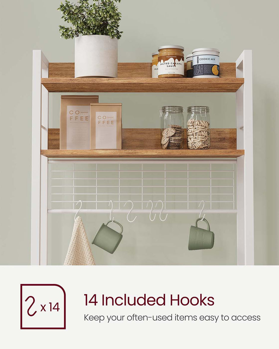 Kitchen Storage Rack – Steel Frame – Rustic Walnut and White – Power Outlet and 14 Hooks