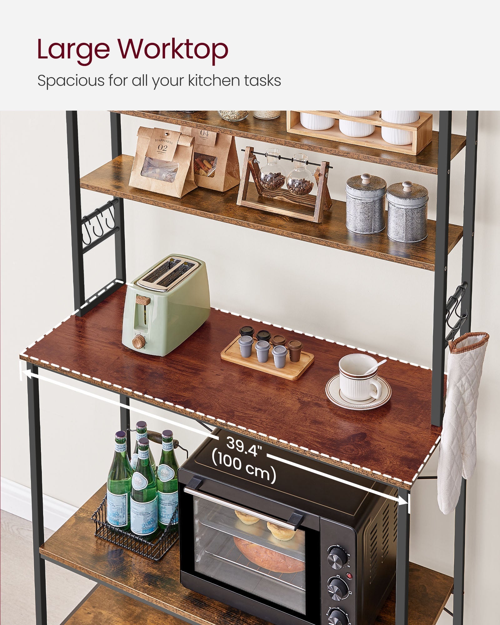 Kitchen Storage Rack – Steel – Rustic Brown and Black – 6 Shelves and Hooks