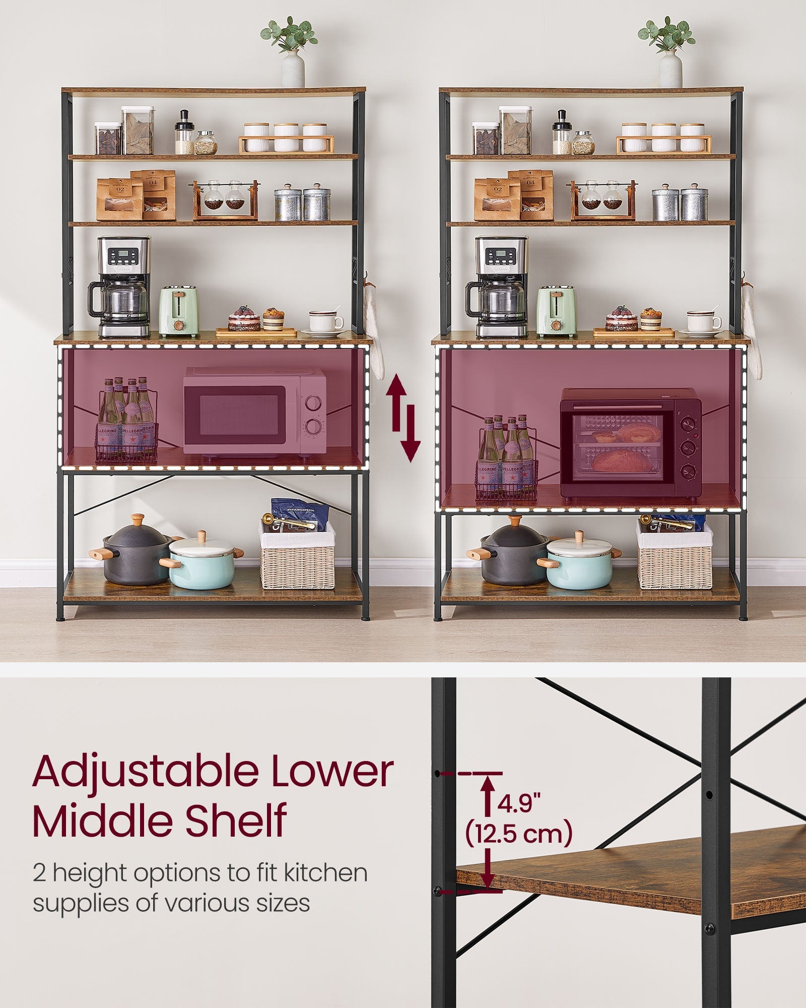 Kitchen Storage Rack – Steel – Rustic Brown and Black – 6 Shelves and Hooks