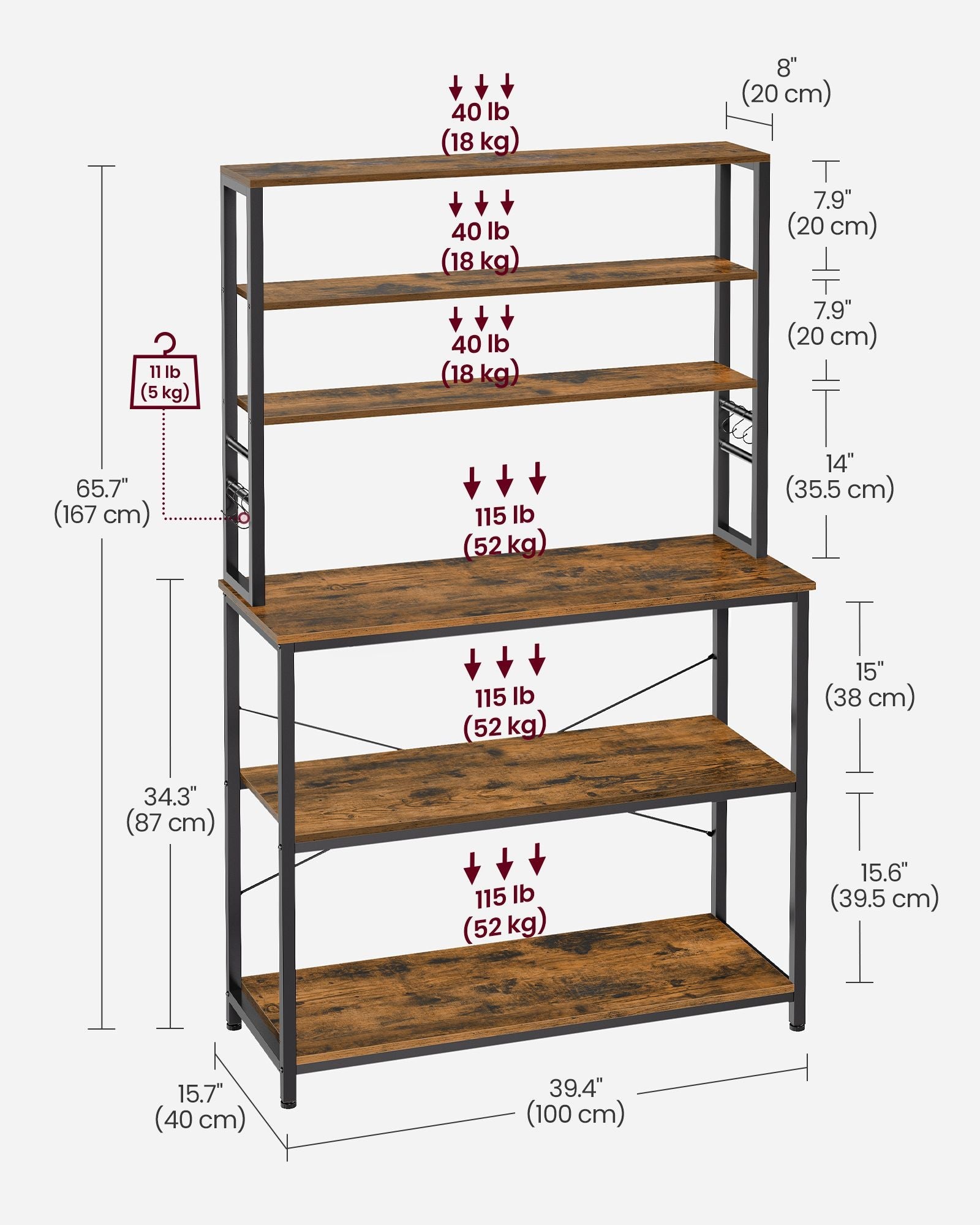 Kitchen Storage Rack – Steel – Rustic Brown and Black – 6 Shelves and Hooks