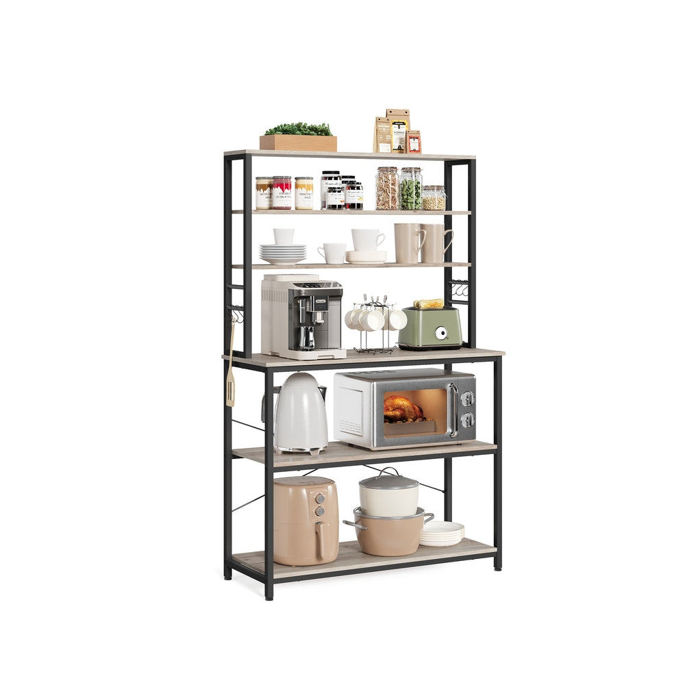 Baker’s Rack – Metal and Wood – Rustic Brown and Black – 6-Tier Kitchen Storage with Hooks