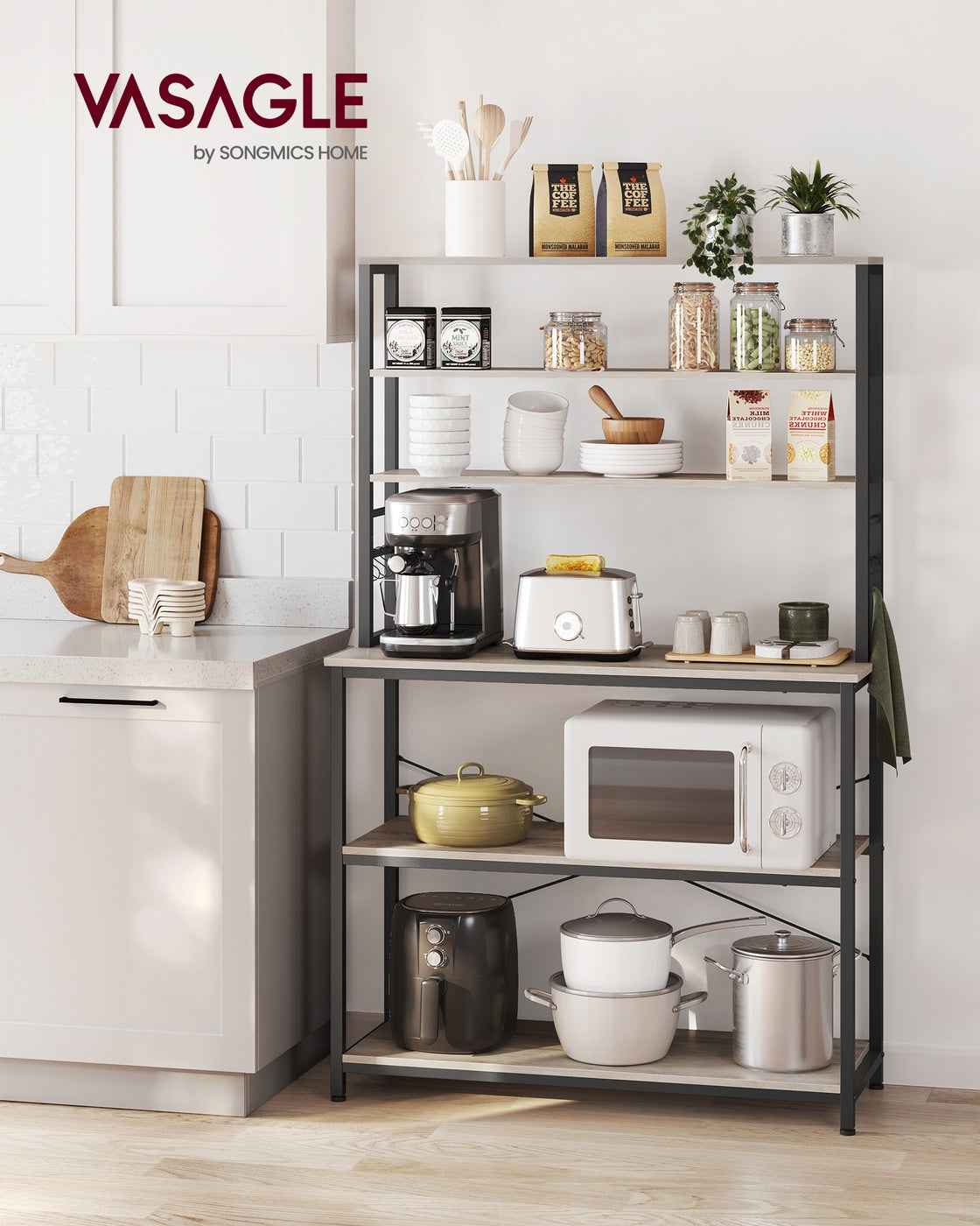 Kitchen Storage Rack – Steel – Heather Greige and Ink Black – 6 Shelves and 6 Hooks, Industrial Style