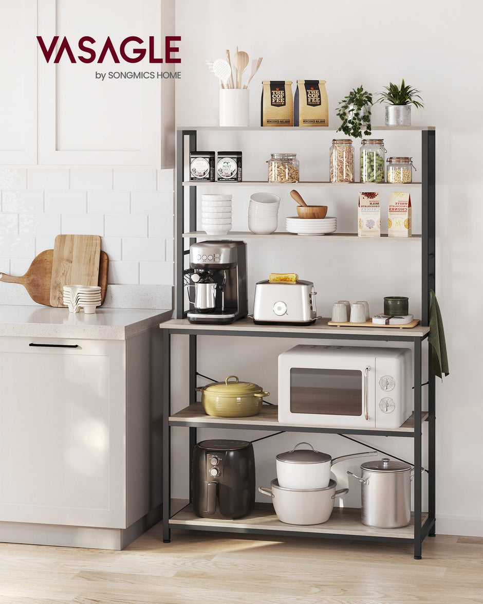 Baker’s Rack – Metal and Wood – Rustic Brown and Black – 6-Tier Kitchen Storage with Hooks