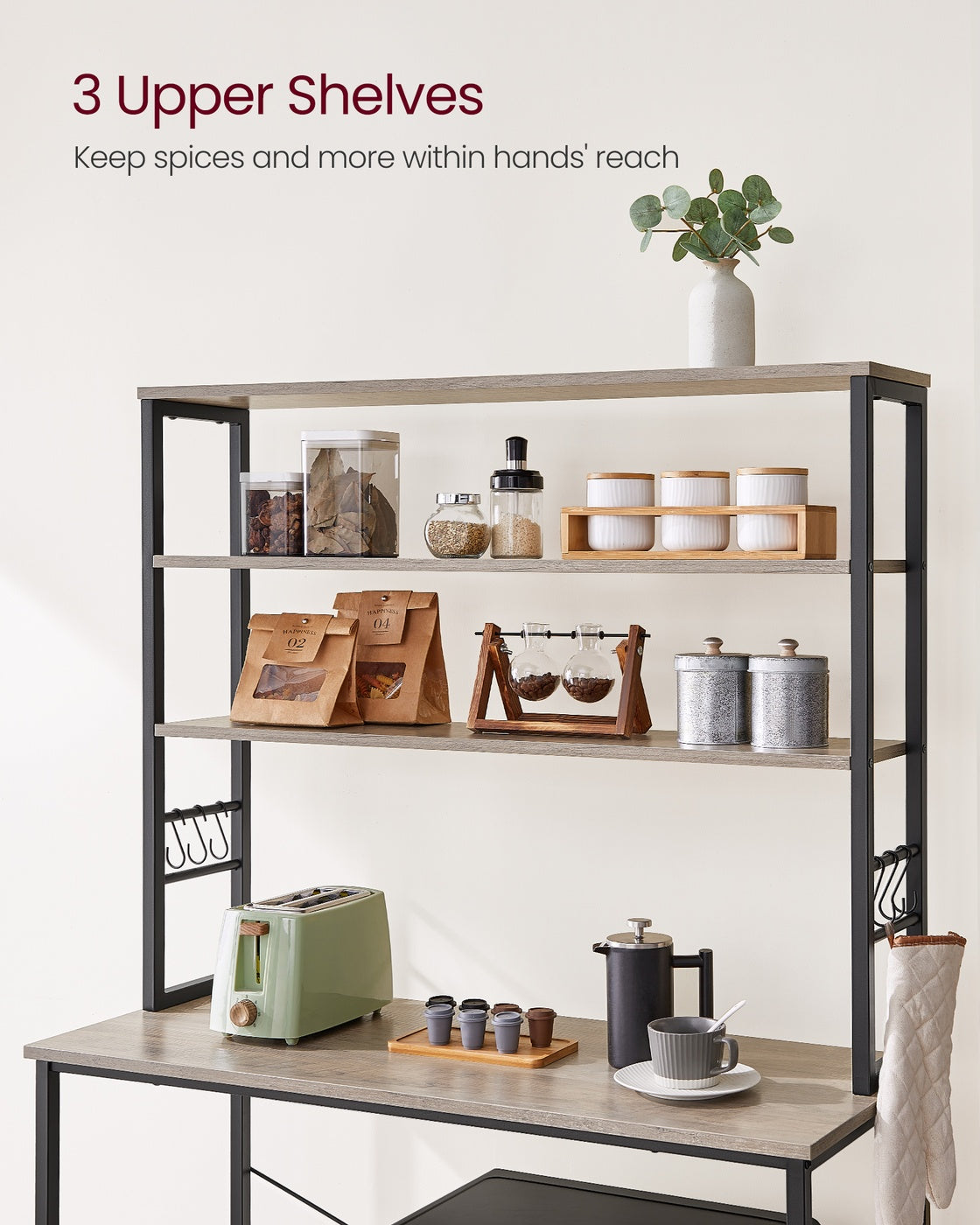 Kitchen Storage Rack – Steel – Heather Greige and Ink Black – 6 Shelves and 6 Hooks, Industrial Style