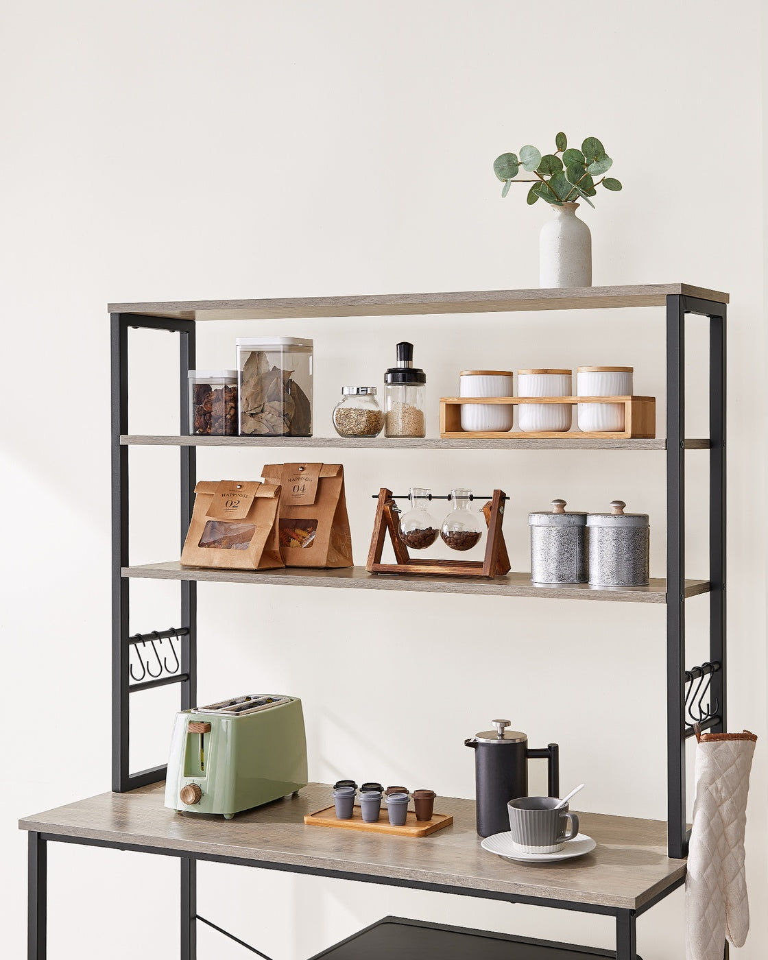 Baker’s Rack – Metal and Wood – Rustic Brown and Black – 6-Tier Kitchen Storage with Hooks