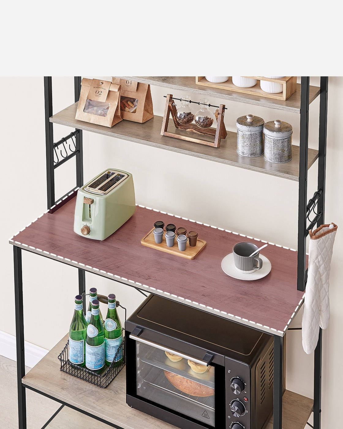 Baker’s Rack – Metal and Wood – Rustic Brown and Black – 6-Tier Kitchen Storage with Hooks