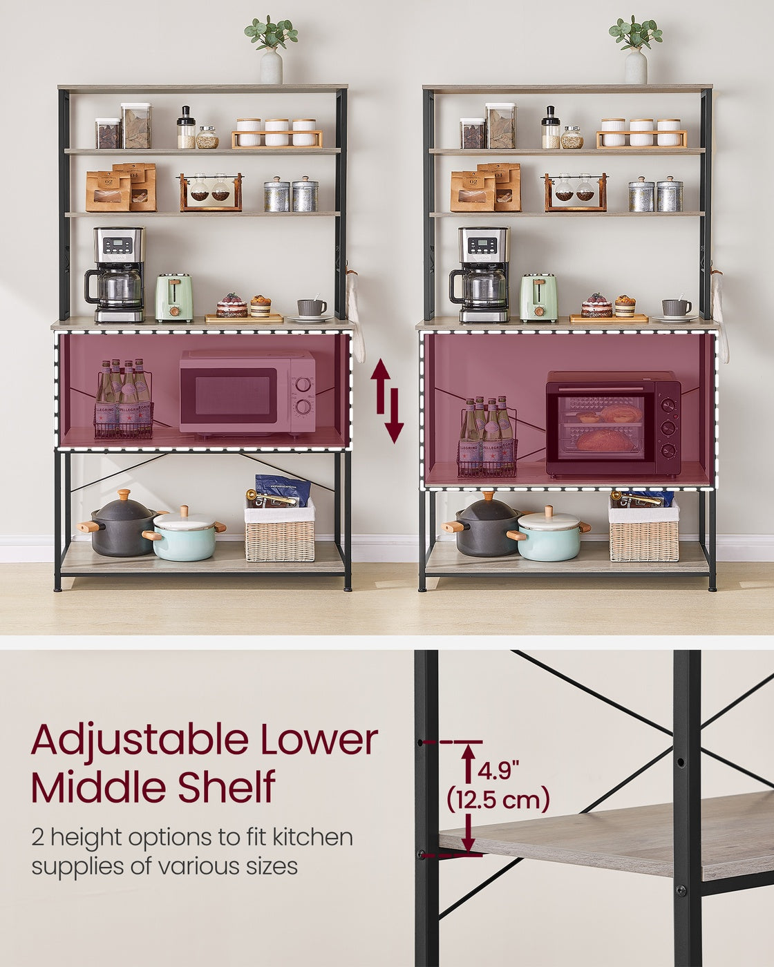 Kitchen Storage Rack – Steel – Heather Greige and Ink Black – 6 Shelves and 6 Hooks, Industrial Style