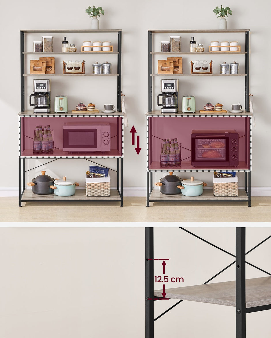 Baker’s Rack – Metal and Wood – Rustic Brown and Black – 6-Tier Kitchen Storage with Hooks