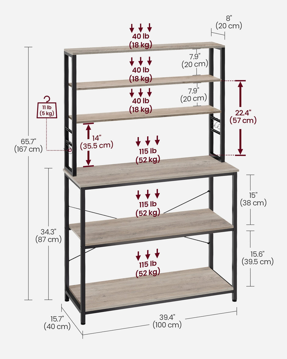 Kitchen Storage Rack – Steel – Heather Greige and Ink Black – 6 Shelves and 6 Hooks, Industrial Style