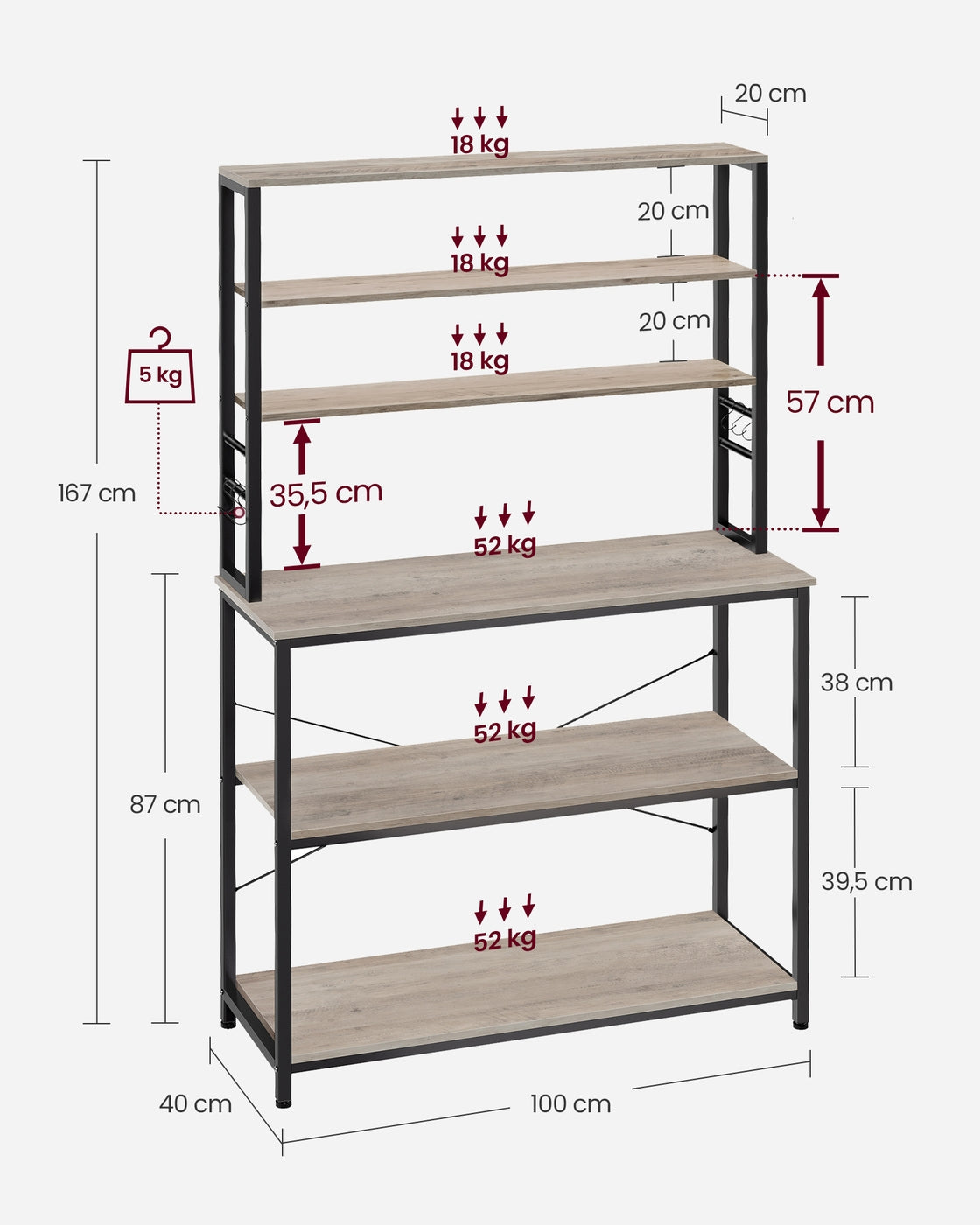 Baker’s Rack – Metal and Wood – Rustic Brown and Black – 6-Tier Kitchen Storage with Hooks