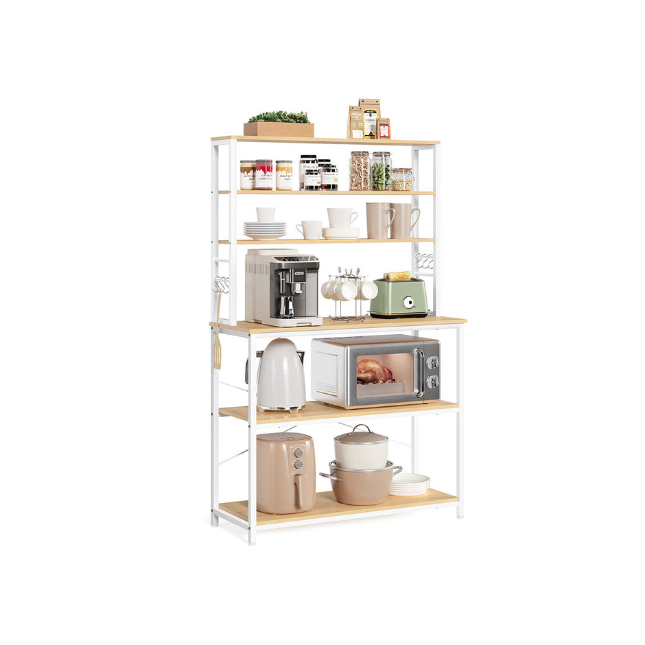Kitchen Storage Rack – Steel – Oak and White – 6 Shelves and 6 Hooks