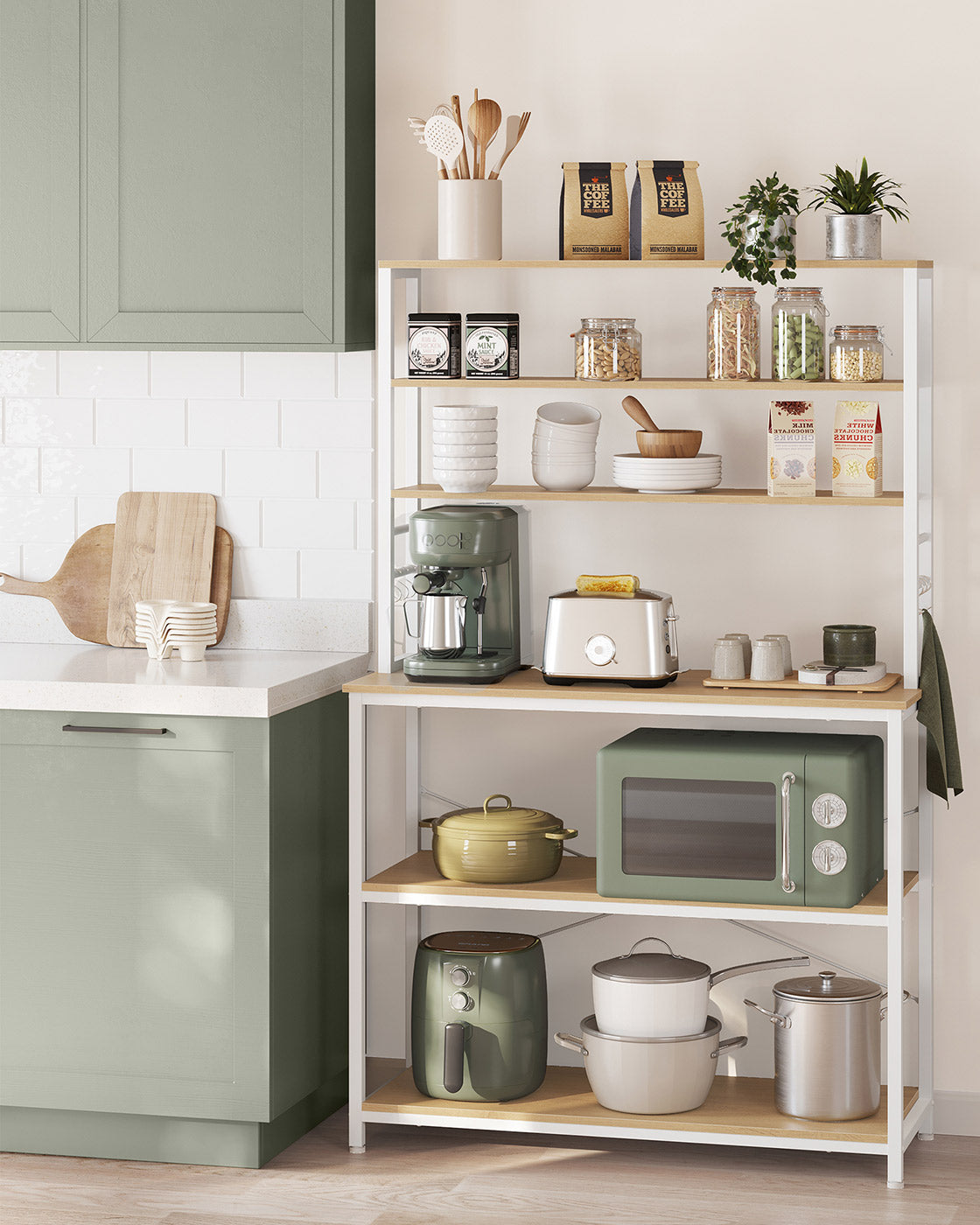 Kitchen Storage Rack – Steel – Oak and White – 6 Shelves and 6 Hooks