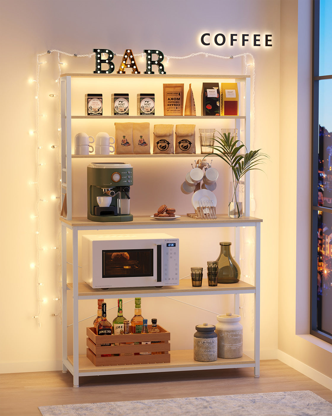 Kitchen Storage Rack – Steel – Oak and White – 6 Shelves and 6 Hooks