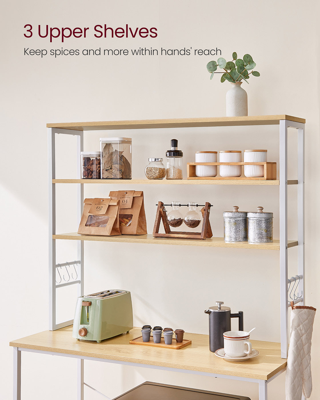 Kitchen Storage Rack – Steel – Oak and White – 6 Shelves and 6 Hooks