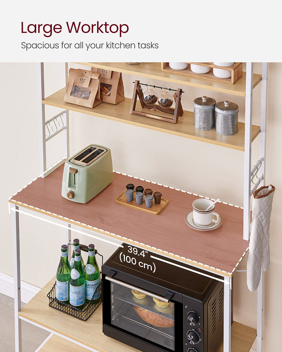 Kitchen Storage Rack – Steel – Oak and White – 6 Shelves and 6 Hooks