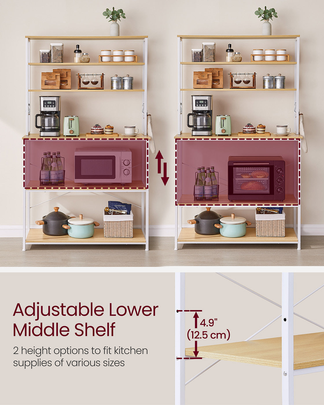 Kitchen Storage Rack – Steel – Oak and White – 6 Shelves and 6 Hooks