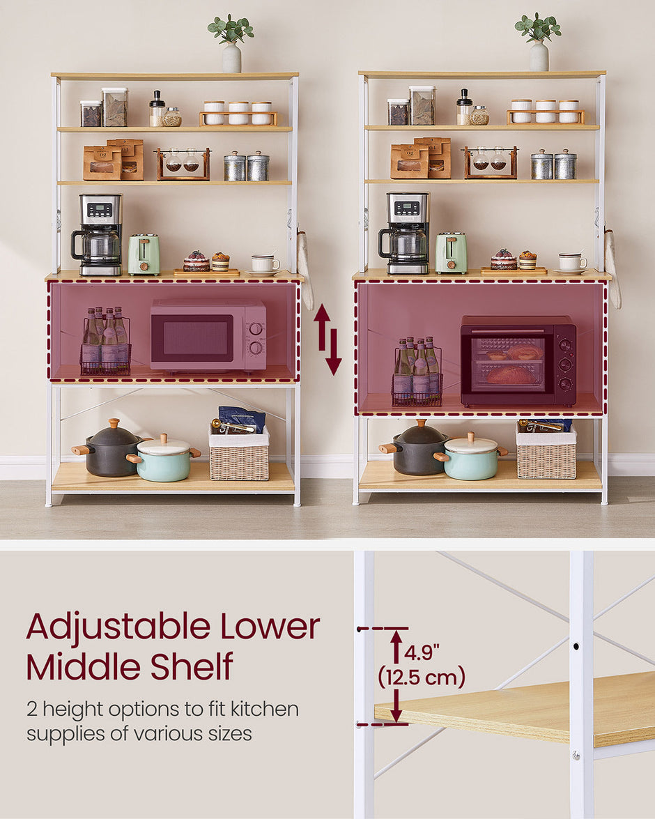 Kitchen Storage Rack – Steel – Oak and White – 6 Shelves and 6 Hooks