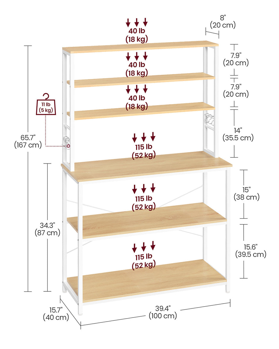 Kitchen Storage Rack – Steel – Oak and White – 6 Shelves and 6 Hooks
