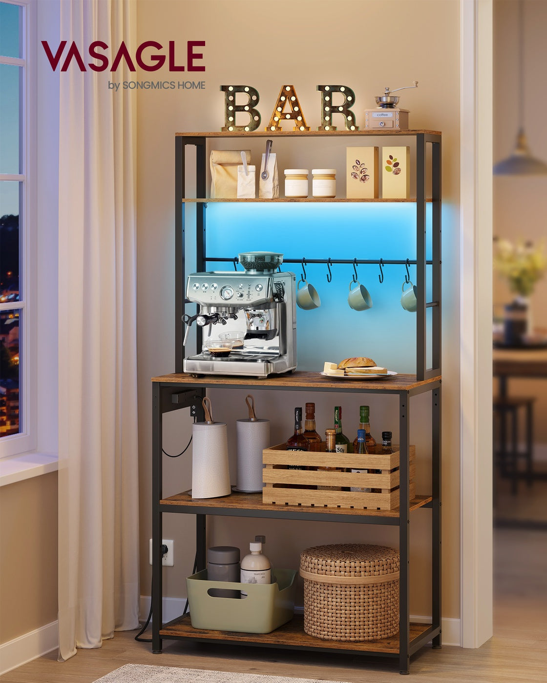 Coffee Bar – Wood and Metal – Rustic Brown and Matte Black – With LED Lights and Adjustable Shelves