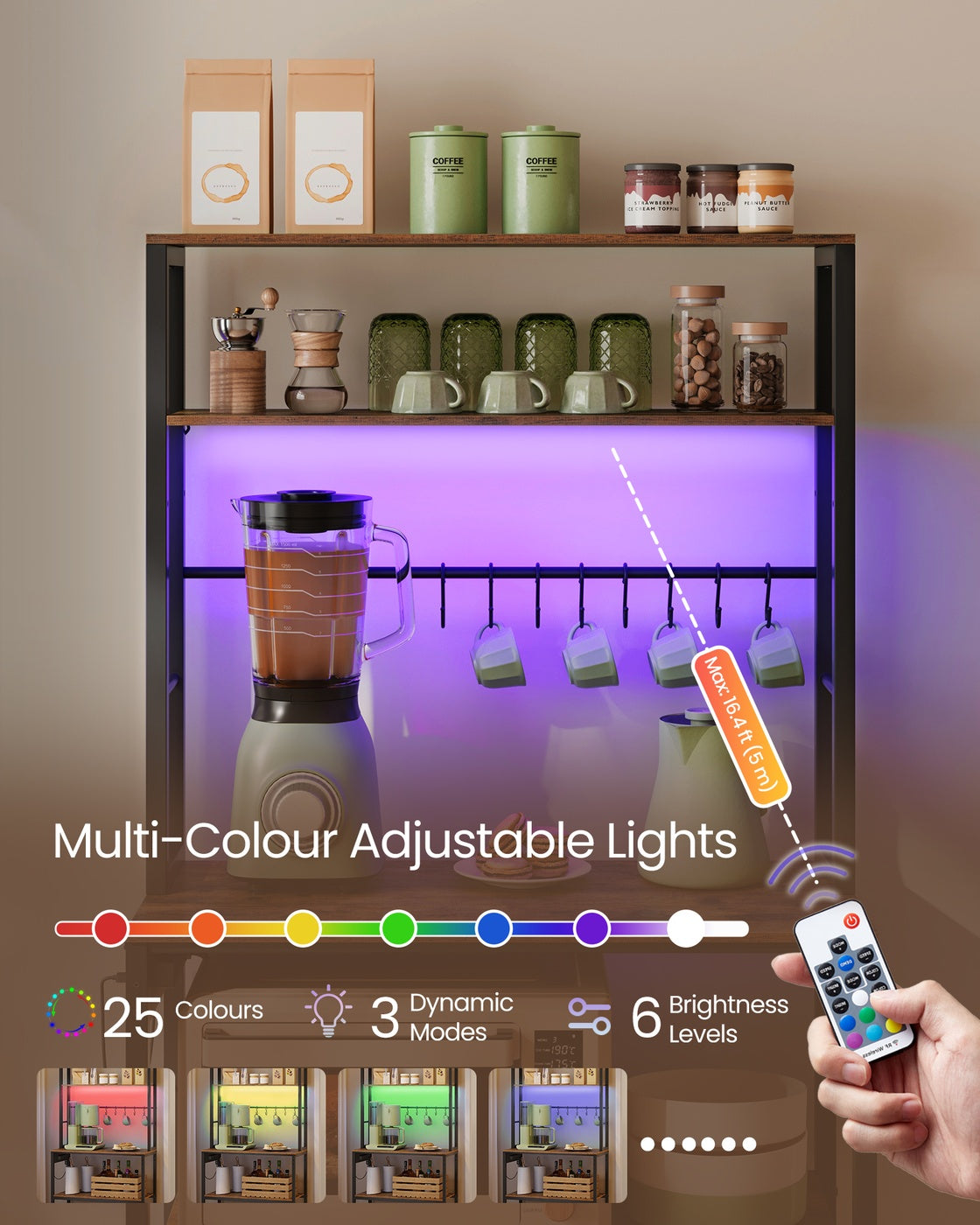 Coffee Bar – Wood and Metal – Rustic Brown and Matte Black – With LED Lights and Adjustable Shelves