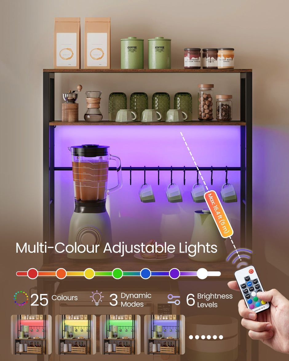 Coffee Bar – Wood and Metal – Rustic Brown and Matte Black – With LED Lights and Adjustable Shelves