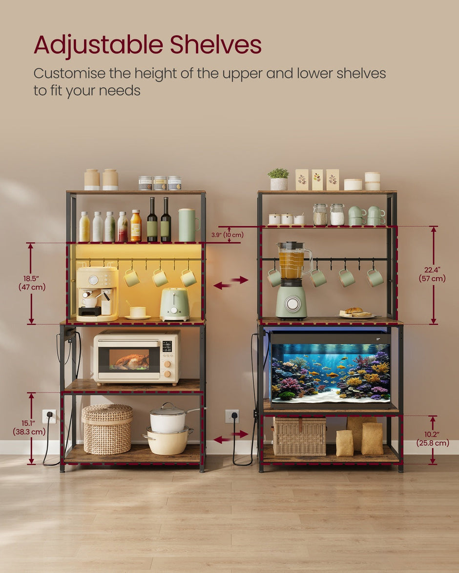 Coffee Bar – Wood and Metal – Rustic Brown and Matte Black – With LED Lights and Adjustable Shelves