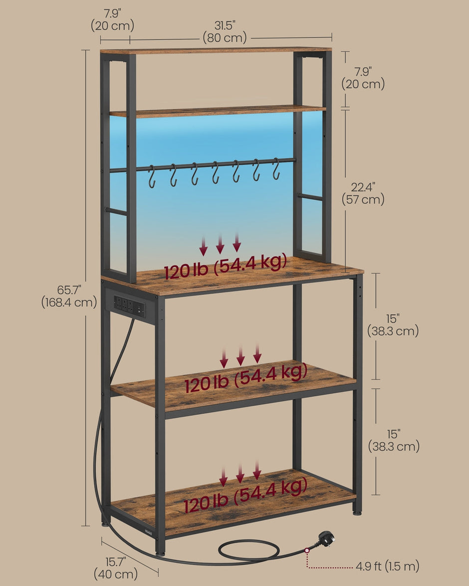 Coffee Bar – Wood and Metal – Rustic Brown and Matte Black – With LED Lights and Adjustable Shelves