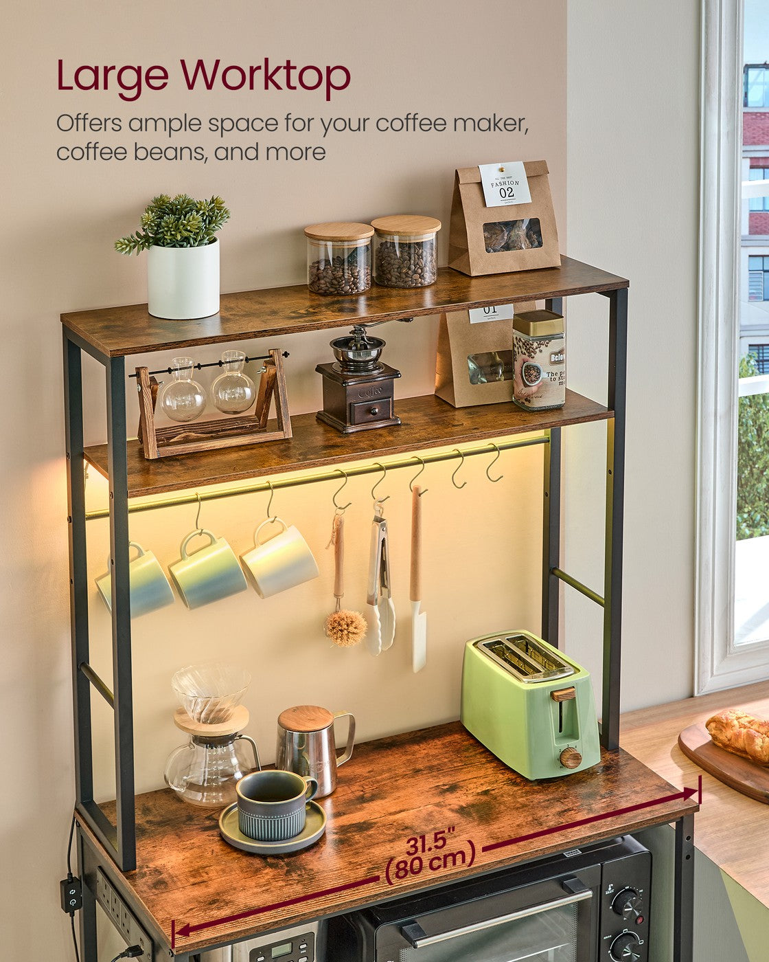 Coffee Bar – Wood and Metal – Rustic Brown and Matte Black – With LED Lights and Adjustable Shelves