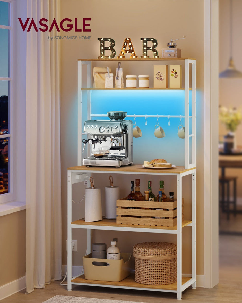 Coffee Bar – Wood and Metal – Rustic Brown and Matte Black – With LED Lights and Adjustable Shelves