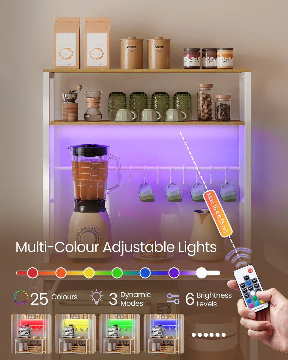 Coffee Bar – Wood and Metal – Rustic Brown and Matte Black – With LED Lights and Adjustable Shelves
